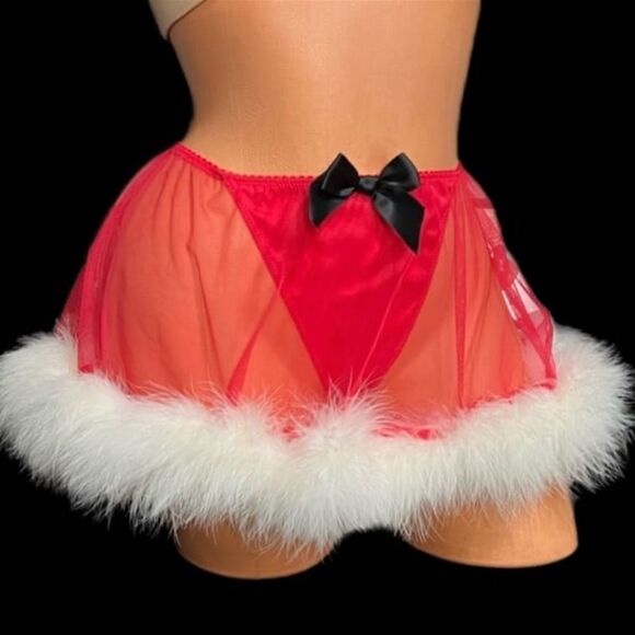 Victoria’s Secret Satin & Feathers Christmas Santa Baby panty skirt Red Last One - Picture 3 of 3